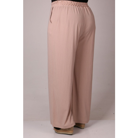 Plus Size Wrinkled Wide Leg Trousers-Beige