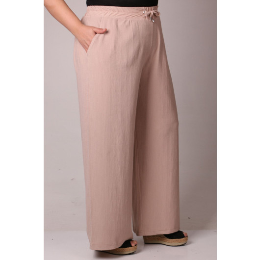 Plus Size Wrinkled Wide Leg Trousers-Beige