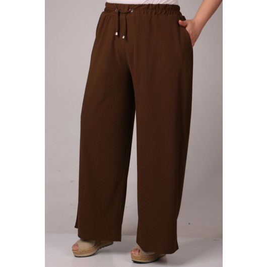 Plus Size Wrapped Wide Leg Trousers-Brown