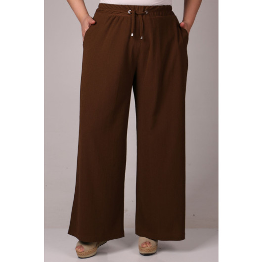 Plus Size Wrapped Wide Leg Trousers-Brown