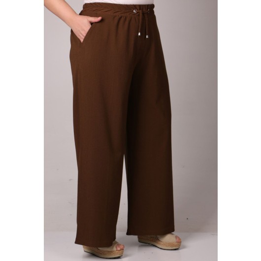 Plus Size Wrapped Wide Leg Trousers-Brown