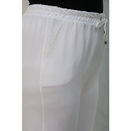 Plus Size Elastic Waist Slim Leg Wide Length Trousers - White