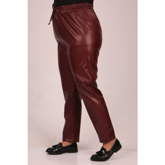 Large Size Leather Trousers With Elastic Waist - Claret Red