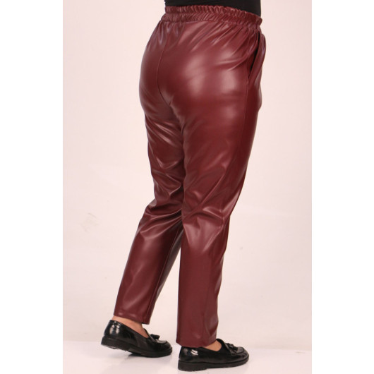 Large Size Leather Trousers With Elastic Waist - Claret Red