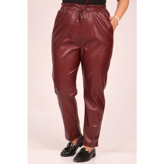 Large Size Leather Trousers With Elastic Waist - Claret Red