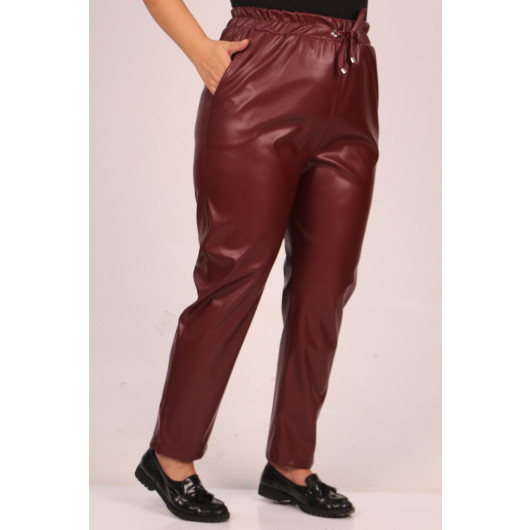 Large Size Leather Trousers With Elastic Waist - Claret Red