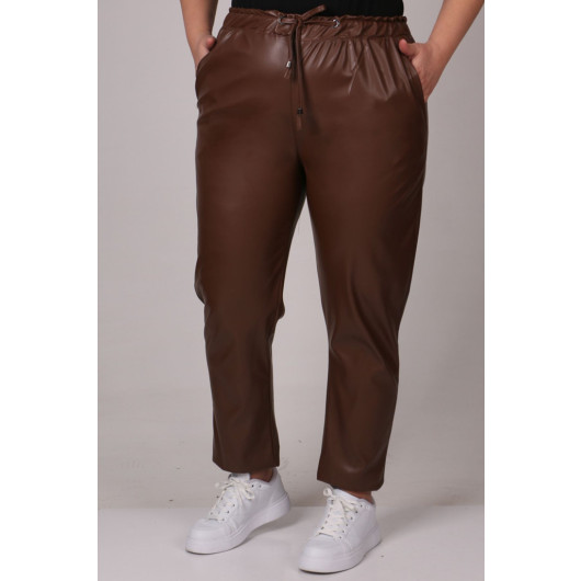 Large Size Elastic Waist Leather Trousers - Chocolate