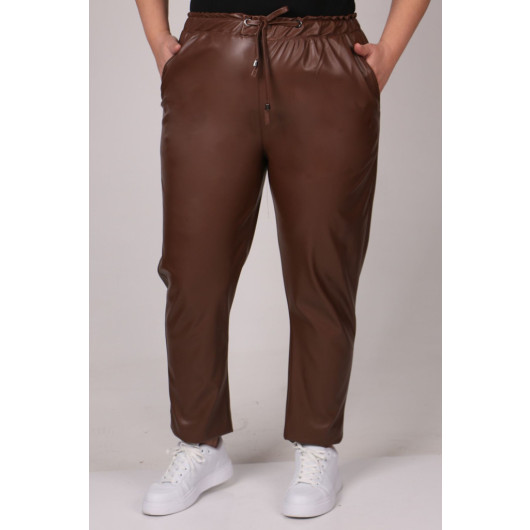Large Size Elastic Waist Leather Trousers - Chocolate