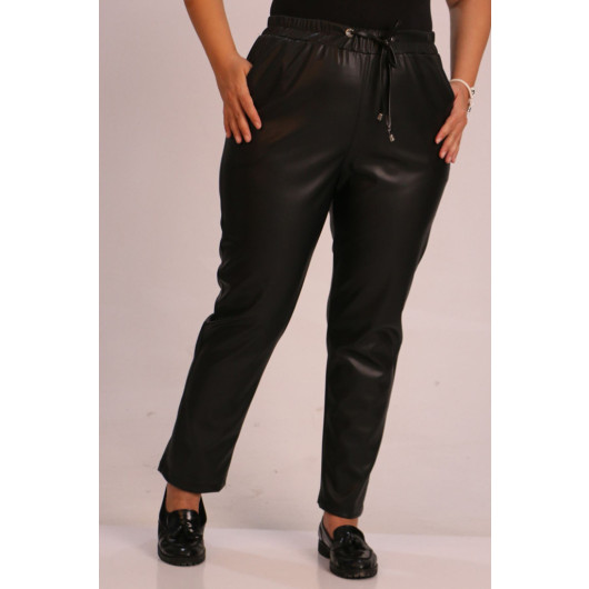 Large Size Elastic Waist Leather Trousers-Black