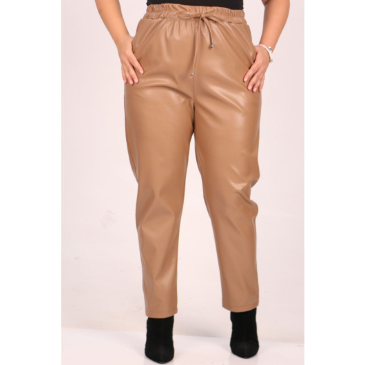 Large Size Elastic Waist Leather Trousers-Mink