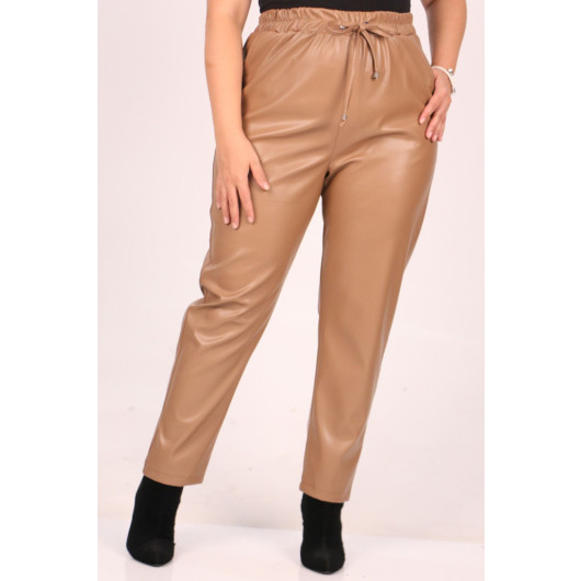 Large Size Elastic Waist Leather Trousers-Mink