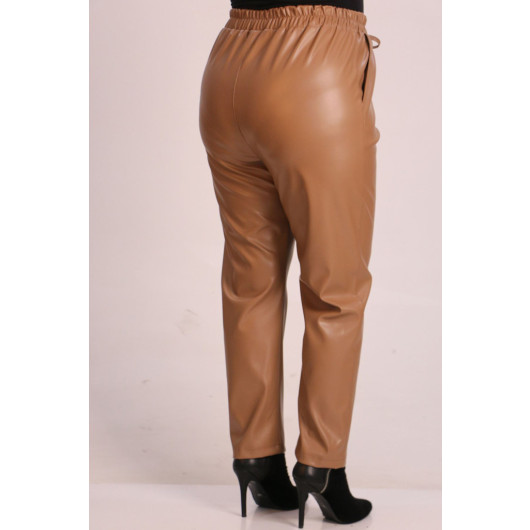 Large Size Elastic Waist Leather Trousers-Mink