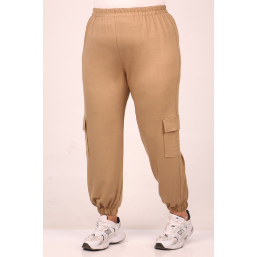 Plus Size Cargo Pocket Crystal Two Thread Sweatpants-Mink