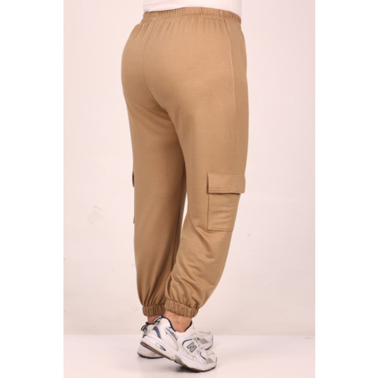 Plus Size Cargo Pocket Crystal Two Thread Sweatpants-Mink