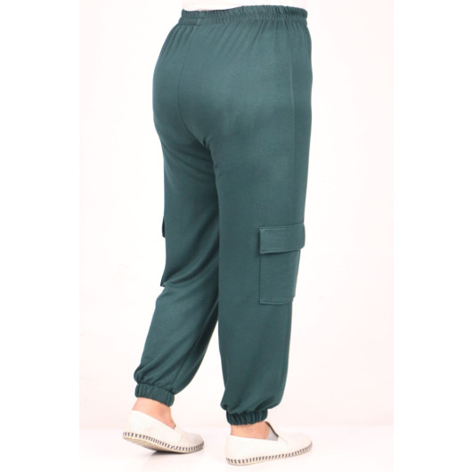 Plus Size Cargo Pocket Crystal Two Thread Sweatpants-Emerald