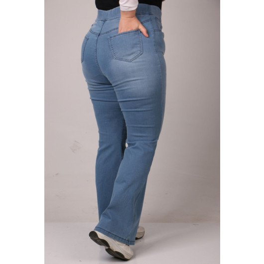 Large Size Elastic Waist Flared Jeans-Stone Blue