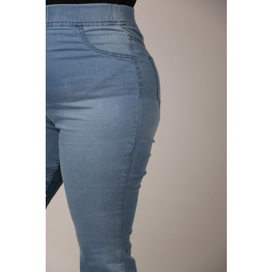 Large Size Elastic Waist Flared Jeans-Stone Blue