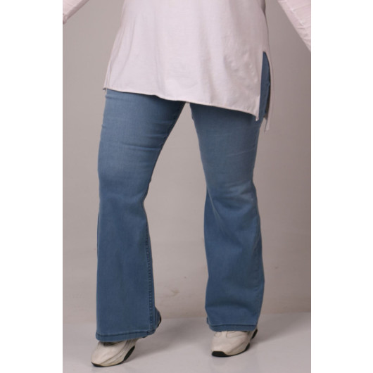 Large Size Elastic Waist Flared Jeans-Stone Blue
