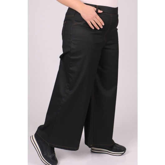 Plus Size Matte Leather Look Wide Leg Jeans - Black