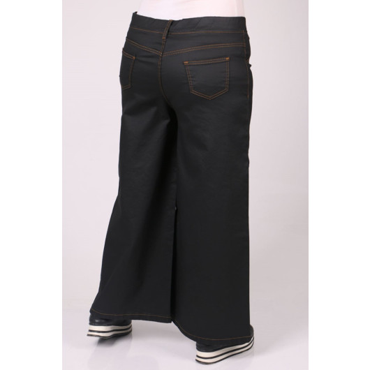 Plus Size Matte Leather Look Wide Leg Jeans - Black