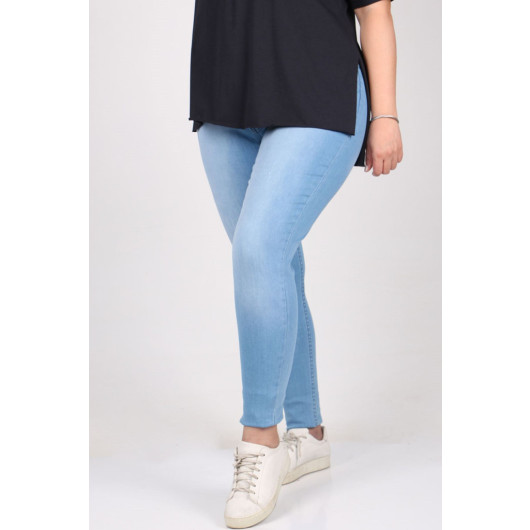 Plus Size Flared And Narrow Leg Long Jeans - Ice Blue