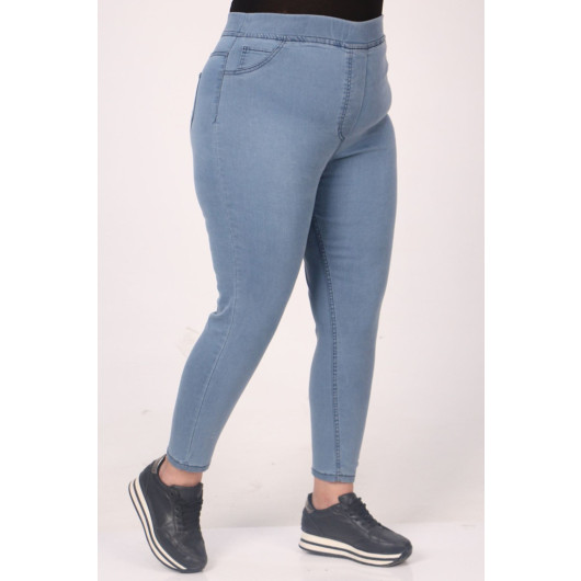 Plus Size Elastic Waist Skinny Jeans - Ice Blue