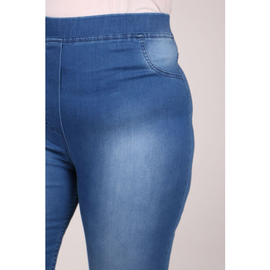 Plus Size Elastic Waist Grinded Skinny Leg Jeans - Blue