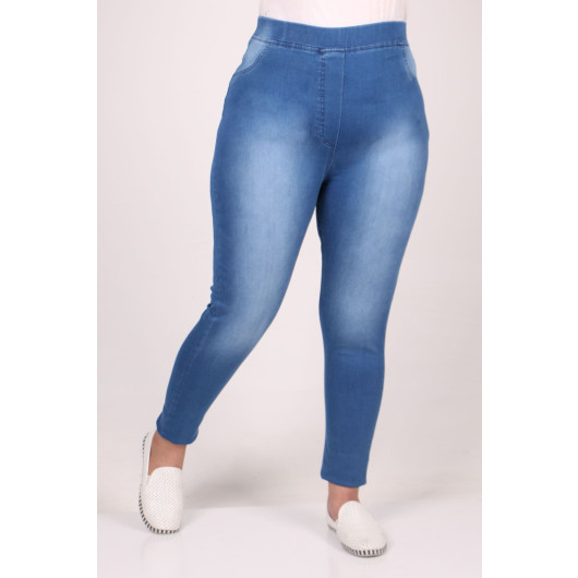 Plus Size Elastic Waist Grinded Skinny Leg Jeans - Blue