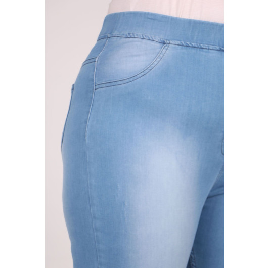 Plus Size Elastic Waist Stony Nails Skinny Leg Jeans - Ice Blue