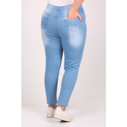 Plus Size Elastic Waist Stony Nails Skinny Leg Jeans - Ice Blue