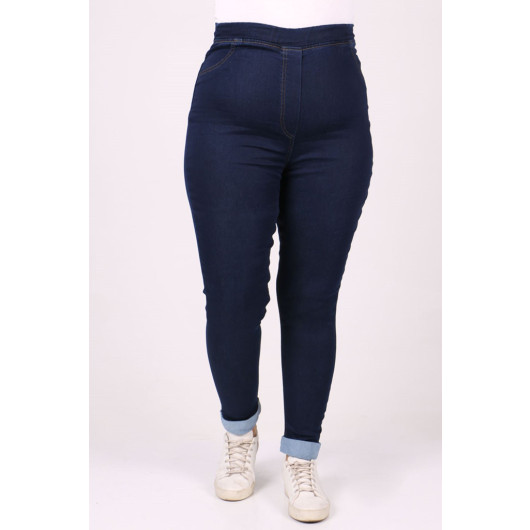 Large Size Thick Double Leg Jeans With Elastic Waist - Dark Navy Blue