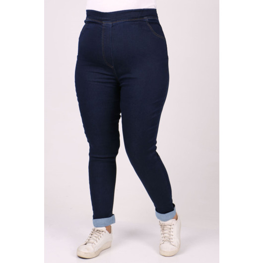 Large Size Thick Double Leg Jeans With Elastic Waist - Dark Navy Blue