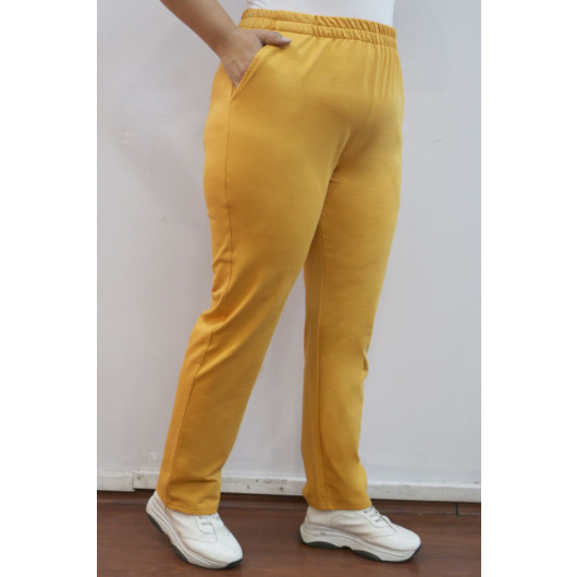 Plus Size Two Thread Sweatpants With Elastic Waist - Mustard