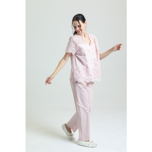 Self Embroidered Patterned Pajama Set