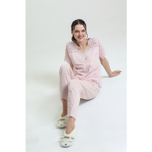 Self Embroidered Patterned Pajama Set