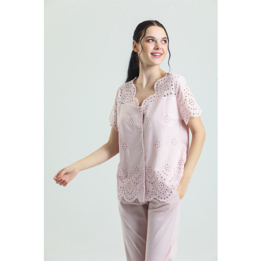 Self Embroidered Patterned Pajama Set