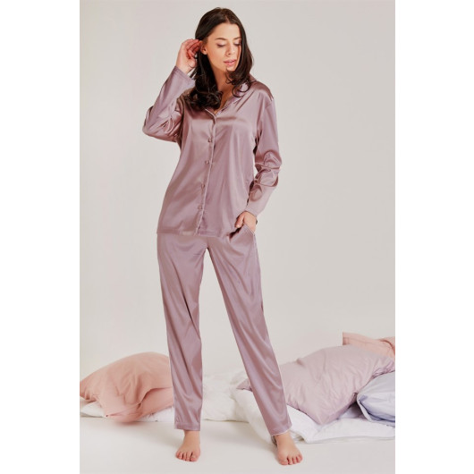 Front Buttoned Satin Pajama Set