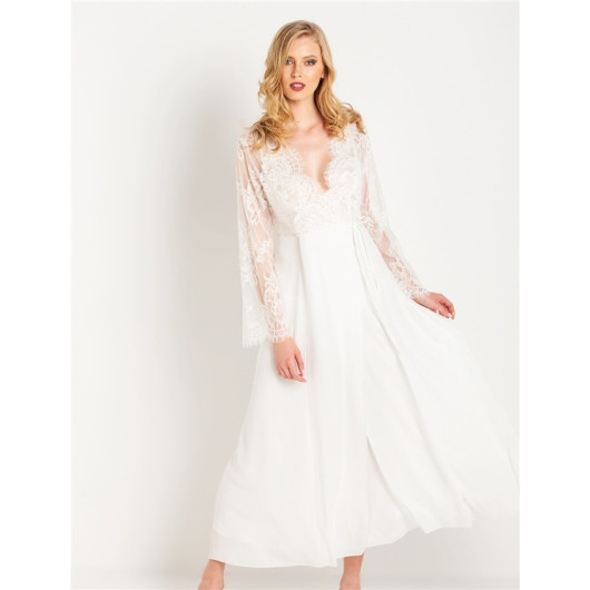 Crepe Long Dressing Gown With Tassels And Lace