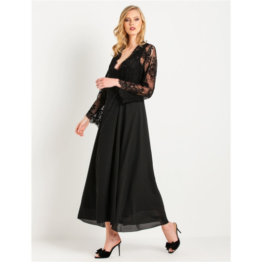 Crepe Long Dressing Gown With Tassels And Lace