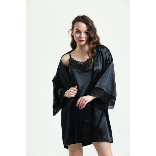 Crepe Satin Lace Dressing Gown