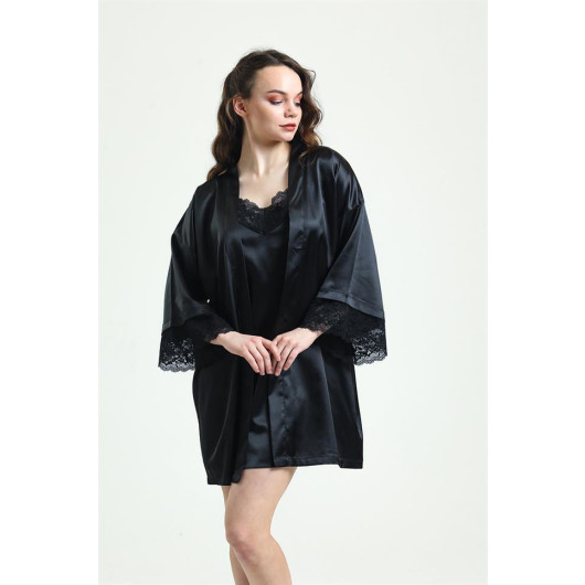 Crepe Satin Lace Dressing Gown