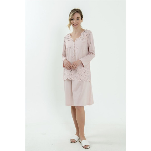 Embroidered Combed Cotton Long Sleeve Nightgown