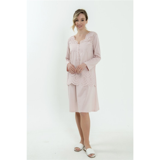 Embroidered Combed Cotton Long Sleeve Nightgown