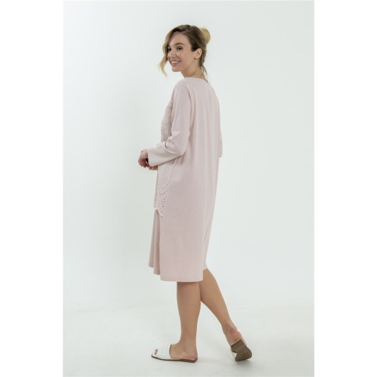 Embroidered Combed Cotton Long Sleeve Nightgown