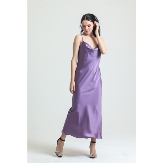 Cowl Neck Crepe Satin Long Nightgown