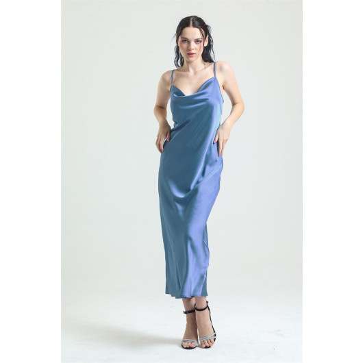 Cowl Neck Crepe Satin Long Nightgown