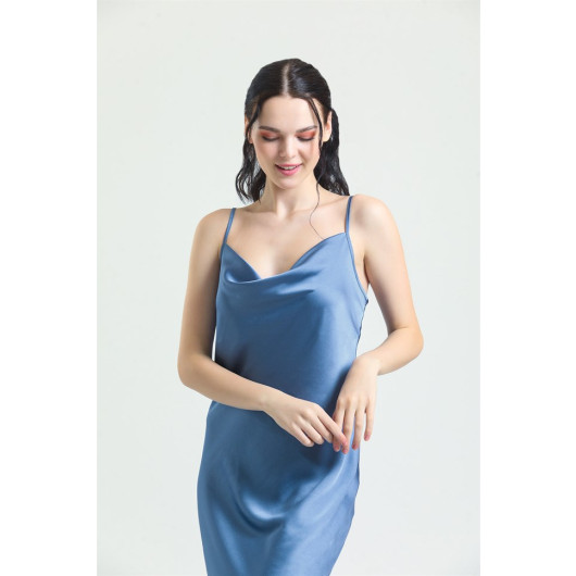 Cowl Neck Crepe Satin Long Nightgown