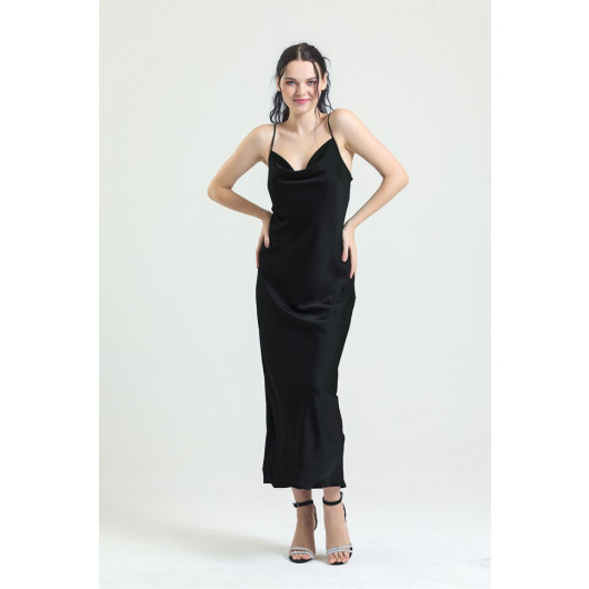 Cowl Neck Crepe Satin Long Nightgown