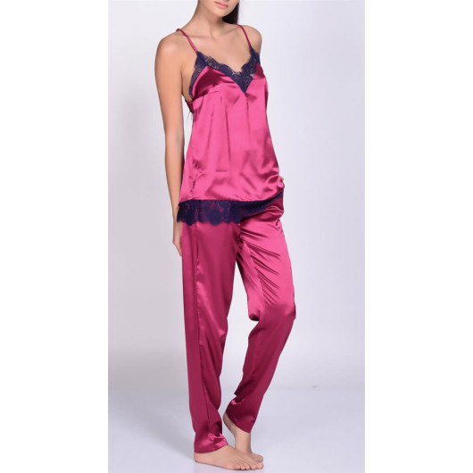 Satin Pajama Set With Tassel Lace Back And Skirt And Rose Pattern