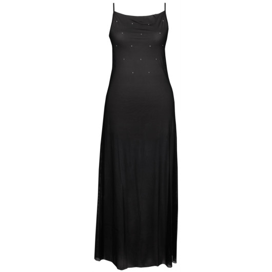 Black Tulle Rope Strap Stoned Long Women Nightgown